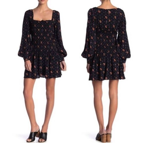 Free People Two Faces Print Mini Dress Smocked Bodice Size Small - Picture 3 of 9